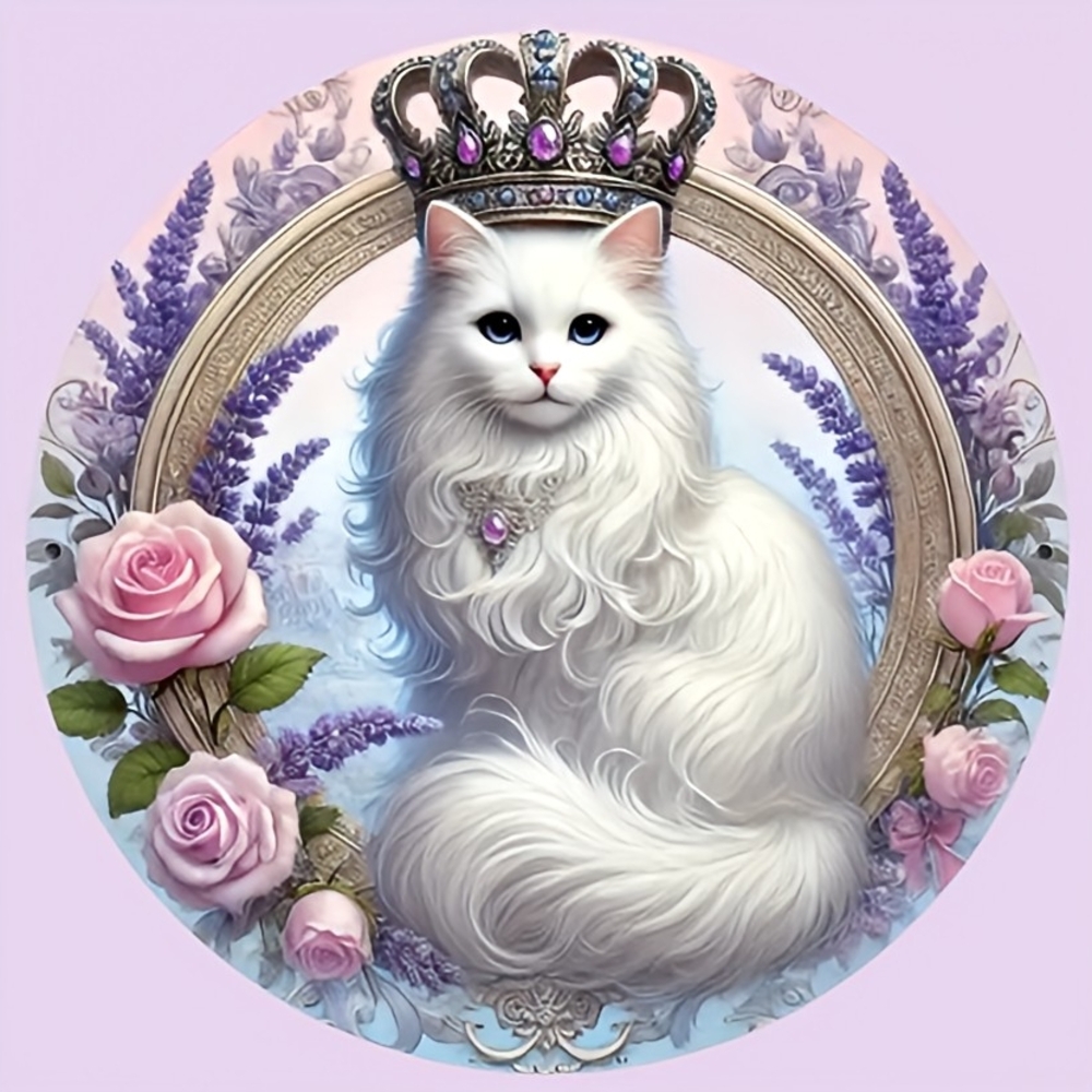 Elegant White Cat Metal Sign - 20cm